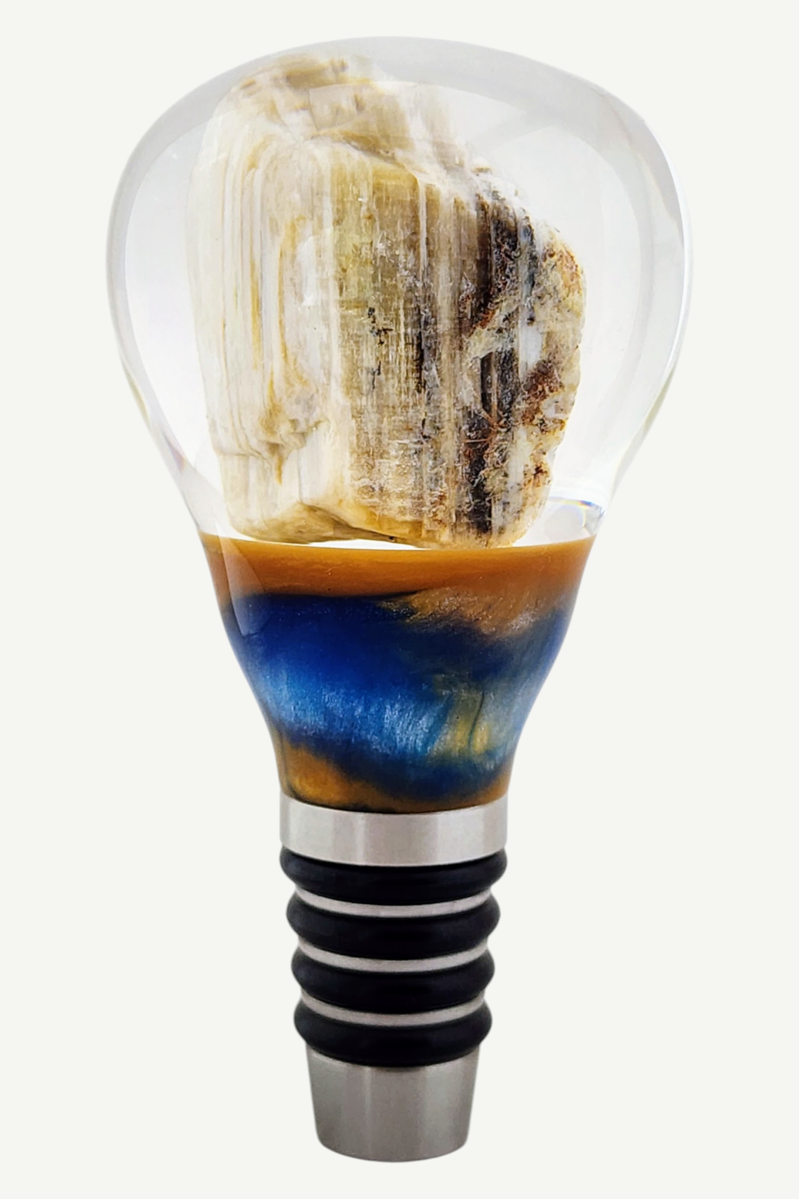 Bottle Stopper with Petrified Wood Encased in Resin