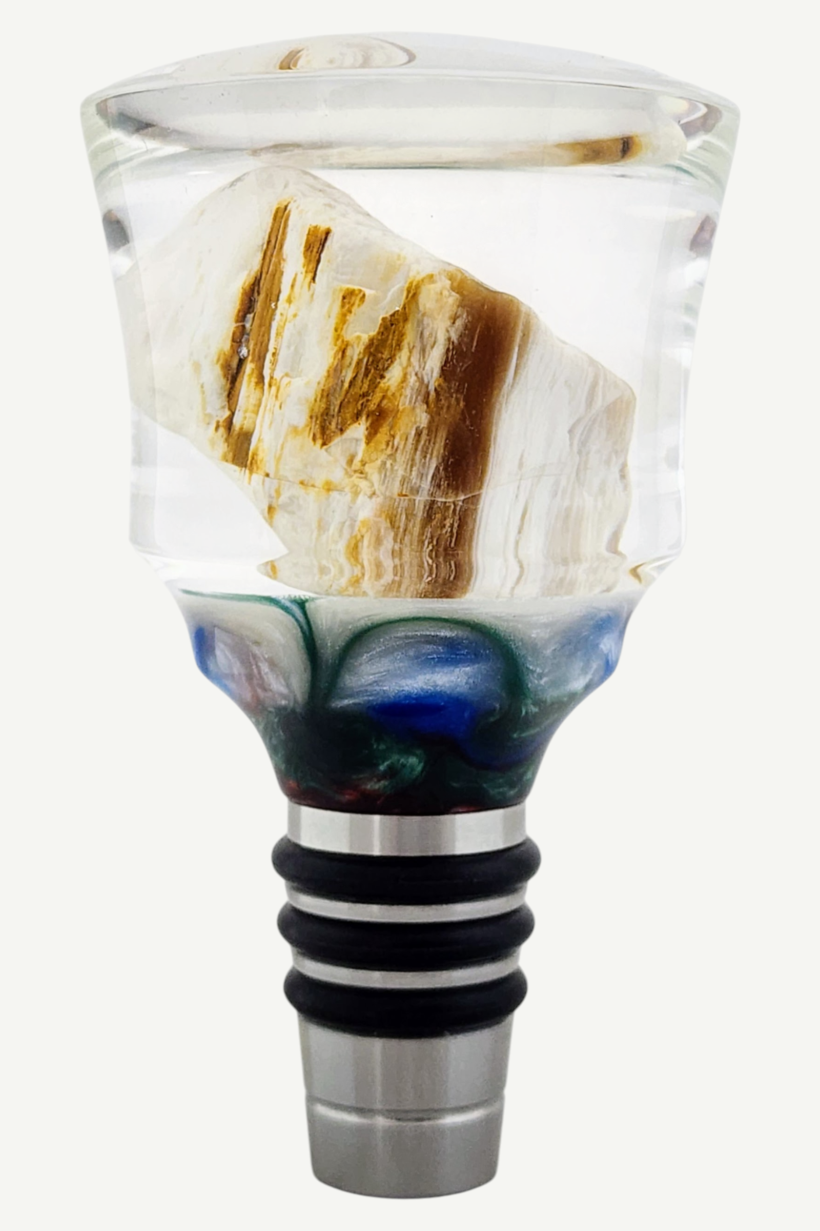 Bottle Stopper with Petrified Wood Encased in Resin