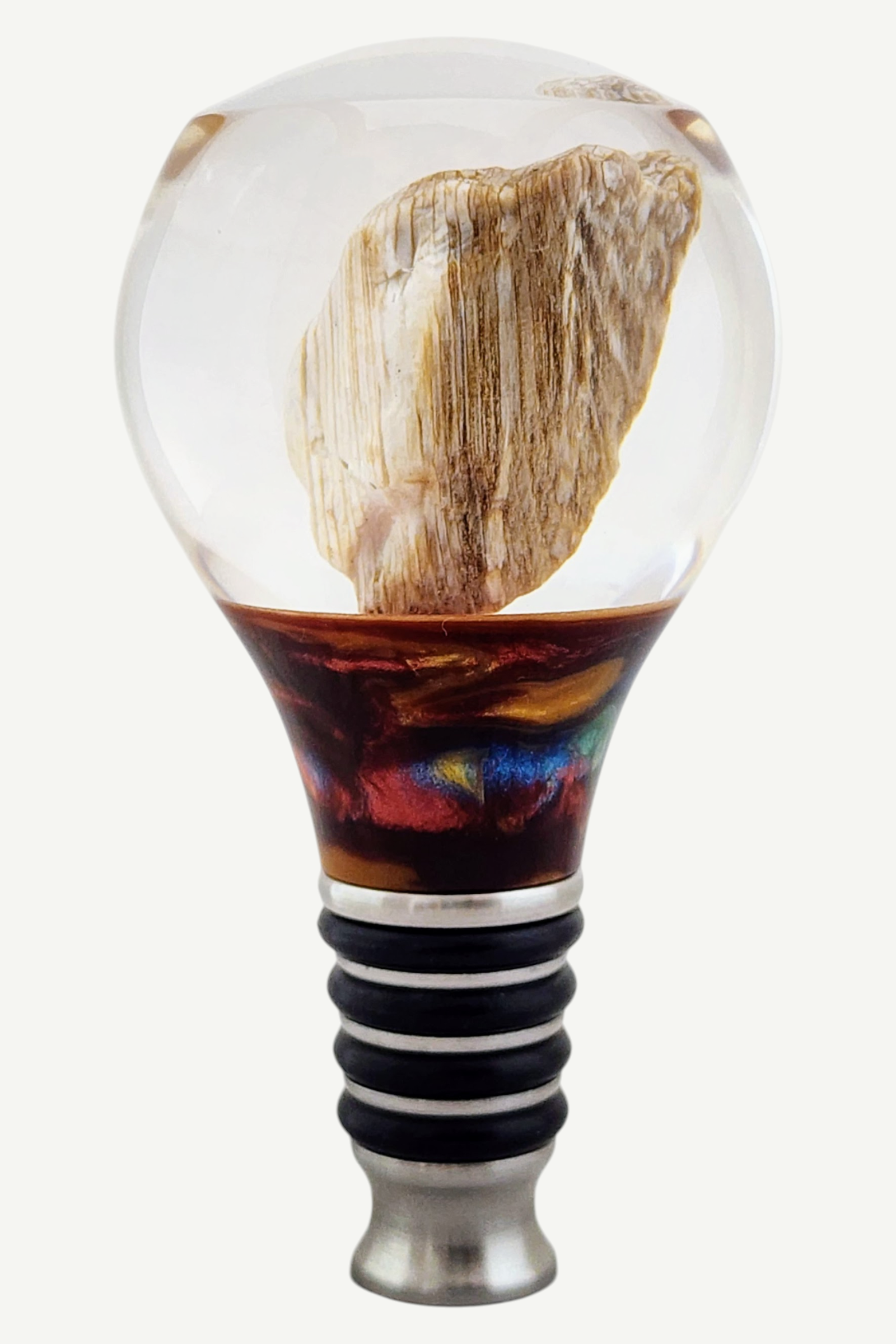 Bottle Stopper with Petrified Wood Encased in Resin
