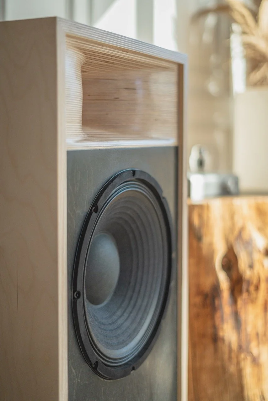 Hand-built wooden loudspeaker cabinet with precision CNC construction and premium craftsmanship