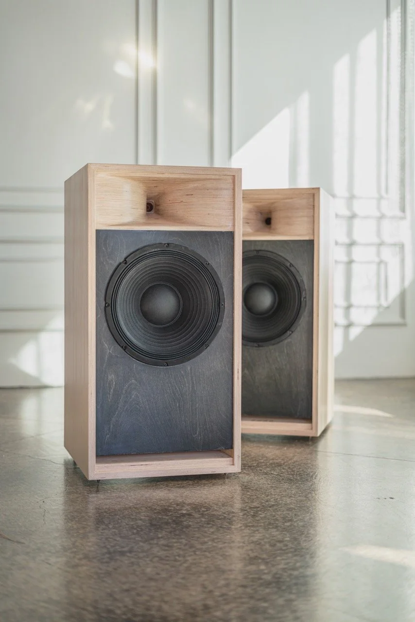 Shakuto Audio Vitalic-12 handcrafted high-efficiency horn speakers with natural wood cabinets, made in California