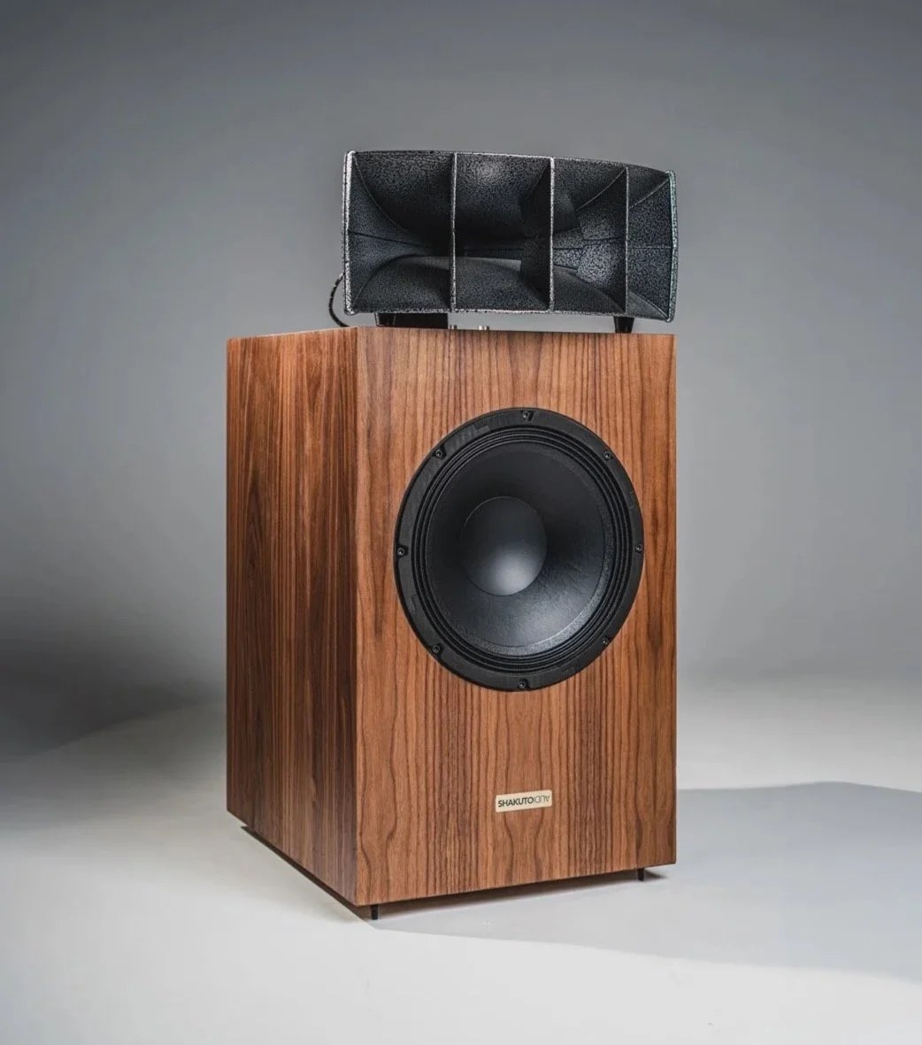 Large wooden speaker with a protective horn on top, against a neutral gray background.