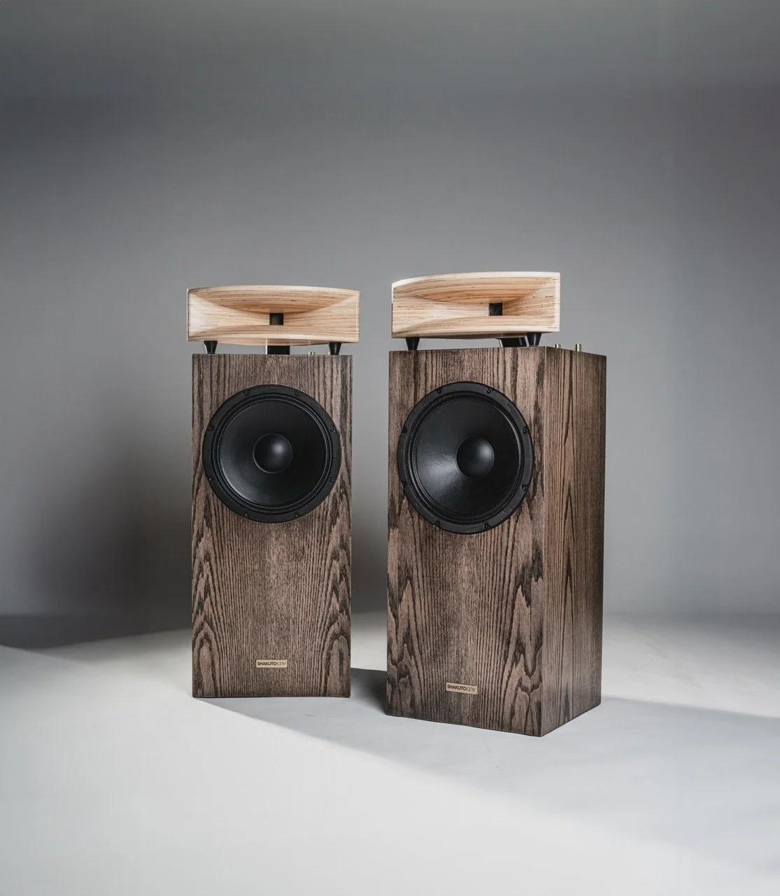 Pair of wooden hi-fi speakers with black drivers and wooden horns on top, placed on a light-colored surface against a gray background.