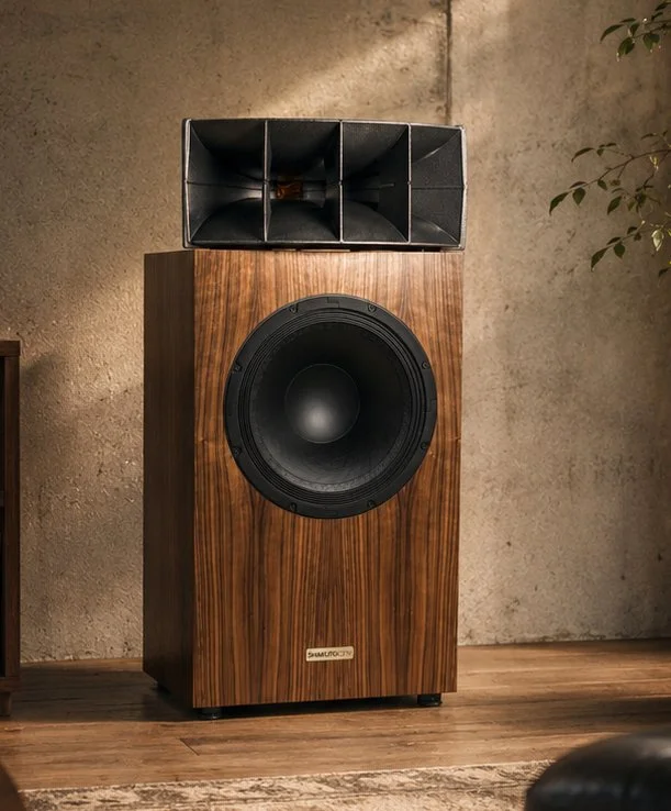 Large format horn-loaded loudspeaker with compression driver designed for natural vocals and effortless dynamics