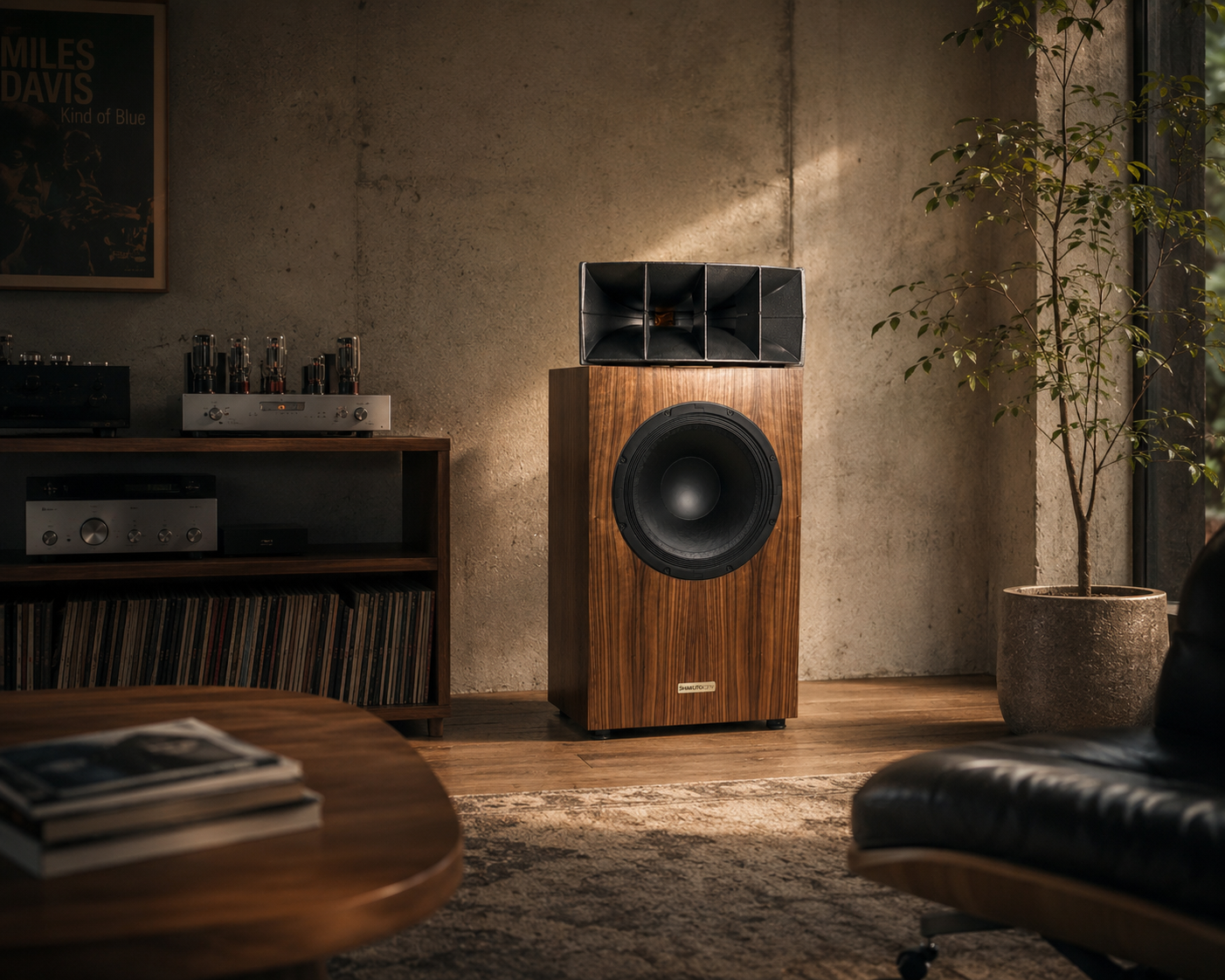 High-end audiophile horn speakers for home listening rooms with tube amplifier friendly design