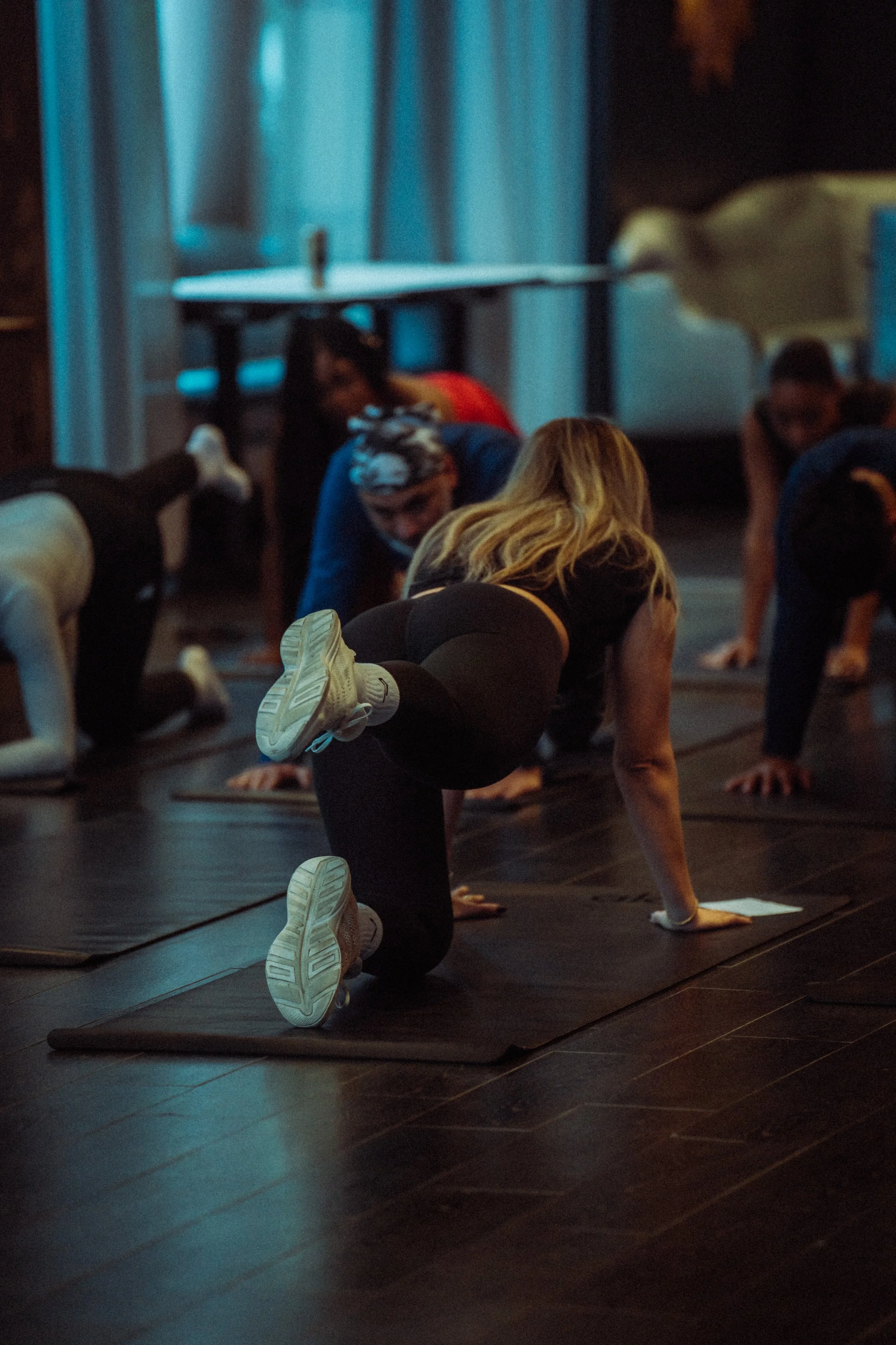 People participating in an indoor yoga or exercise class, in a plank position with one leg raised, on exercise mats.