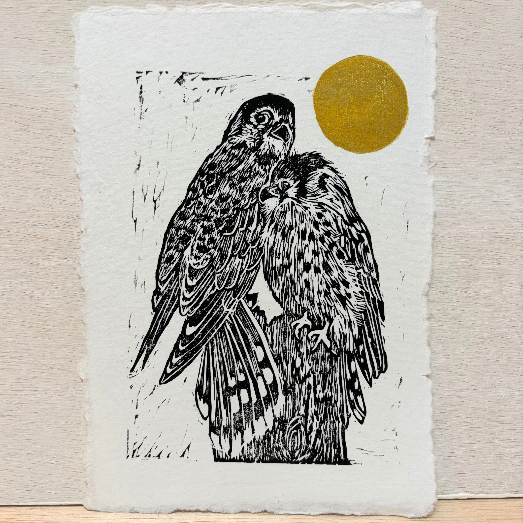 "Cozy Kestrels" Linocut Print