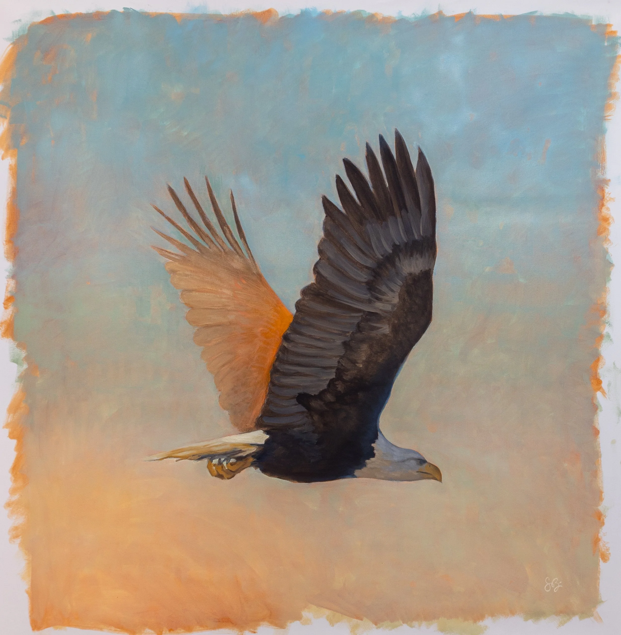 "Took To the Skies" Original Eagle Oil Painting, 38x38"