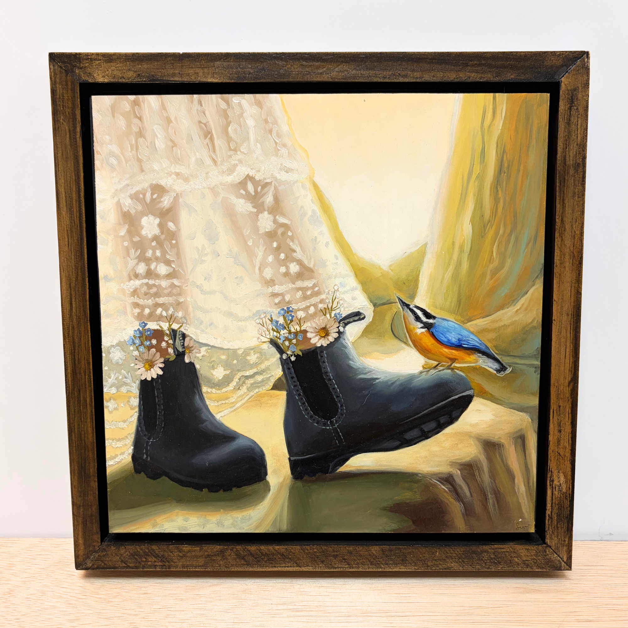 "Blundstone Boots and a Curious Nuthatch" Original Oil Painting