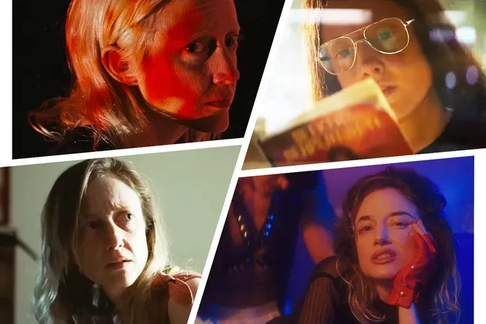 Collage of four women with different facial expressions and settings, including one reading a book and another in a dark atmosphere.