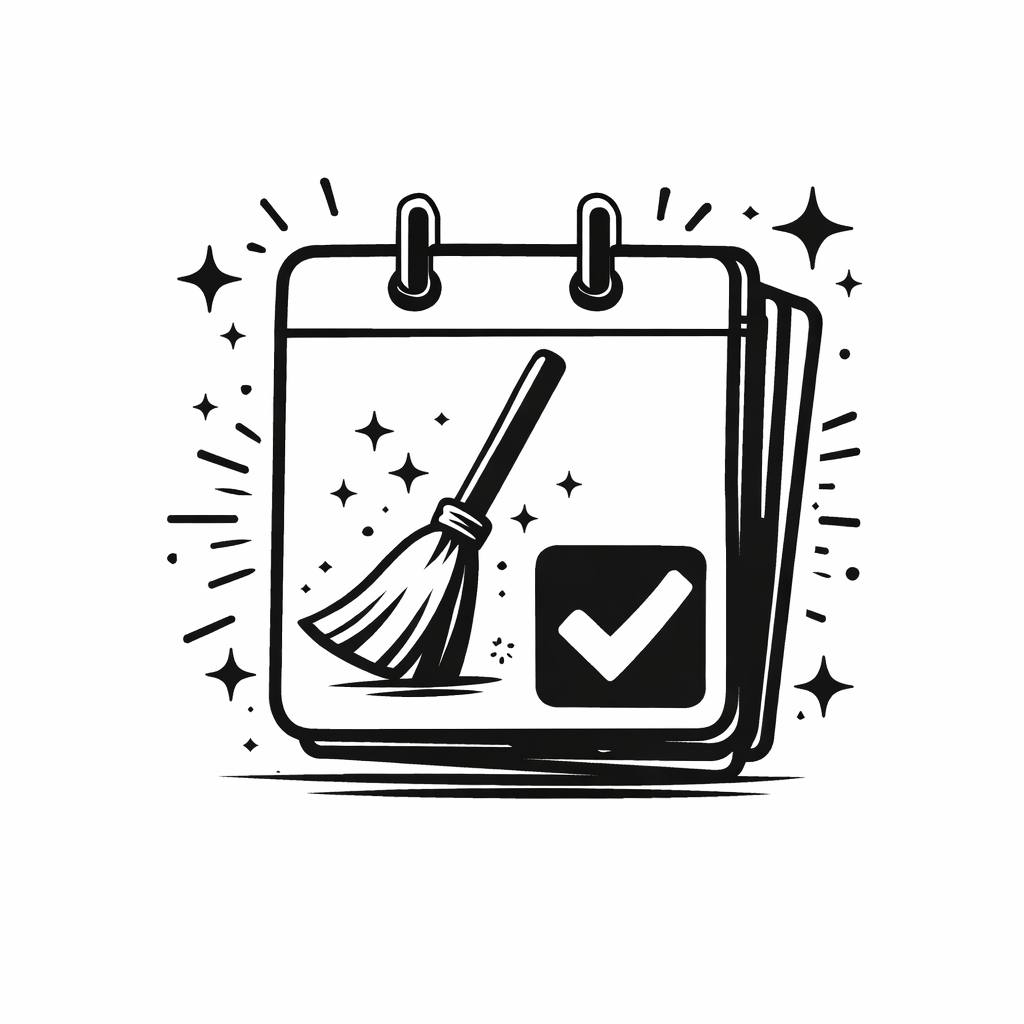 A calendar with a broom and a checkmark, surrounded by sparkle effects.