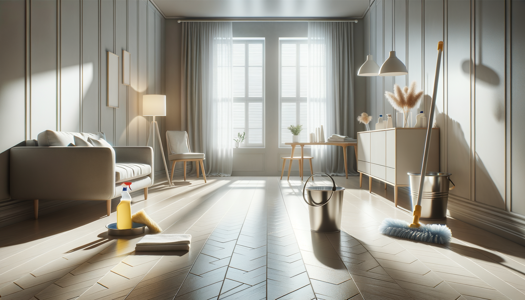 A bright living room with white walls, wooden floor, and large windows with sheer curtains. It contains a white sofa, two chairs, a small wooden table, a white sideboard with decorative vases, and cleaning supplies including a mop, bucket, spray bottle, and cleaning cloth.