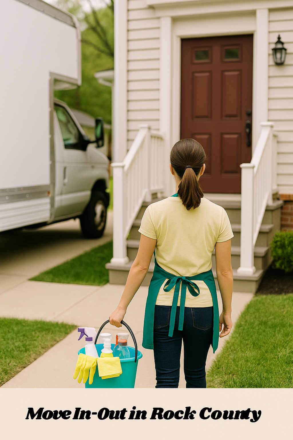 A cleaning professional carrying supplies up the steps toward a suburban home with a moving truck parked out front in Rock County, Wisconsin, representing Sparkly Housekeepers’ move-in and move-out cleaning services.