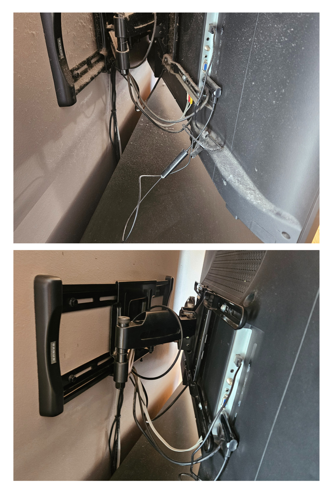 Comparison of a mounted TV bracket before and after cleaning and assembly.