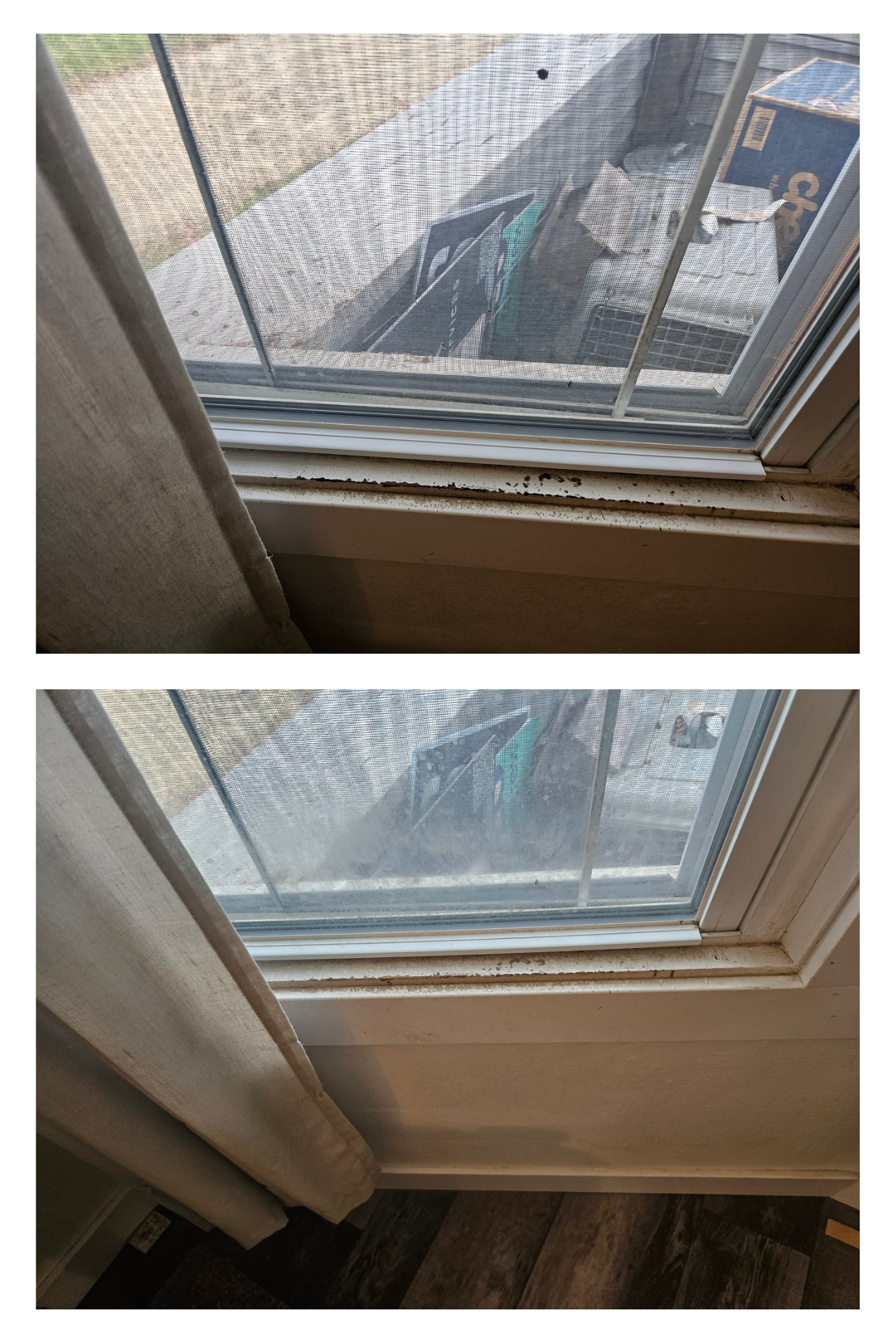 Comparison of dirty window track with buildup of dirt and grime in the top image, cleaned in the bottom image.