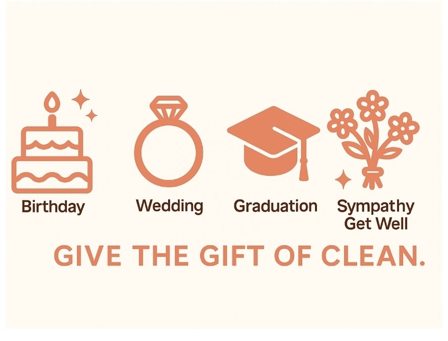 An infographic with icons representing birthday, wedding, graduation, and sympathy/get well occasions, encouraging giving the gift of cleaning.