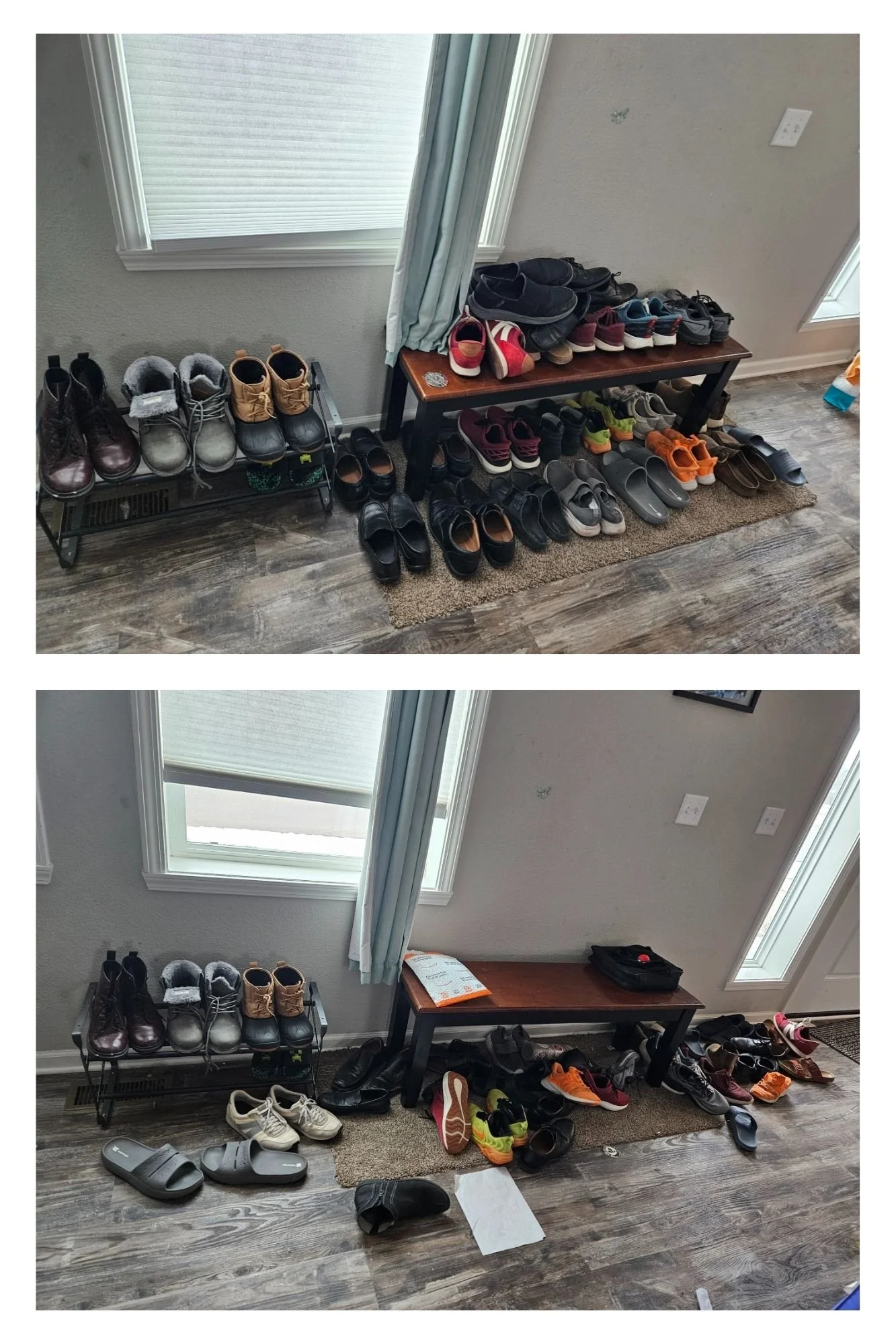 Before and after images of an entryway showing shoe storage and organization. The top image has shoes neatly arranged on a bench and floor, while the bottom image shows shoes scattered around, with some shoes on the floor and a few on a bench.