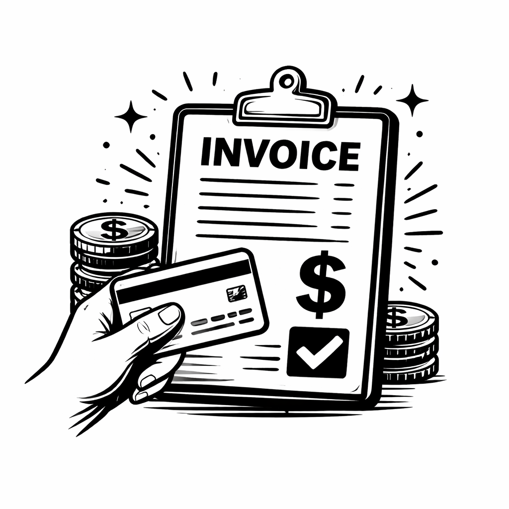 Black and white illustration of an invoice on a clipboard, with a hand holding a credit card in front. There are stacks of coins on either side of the invoice, symbolizing payment or money.