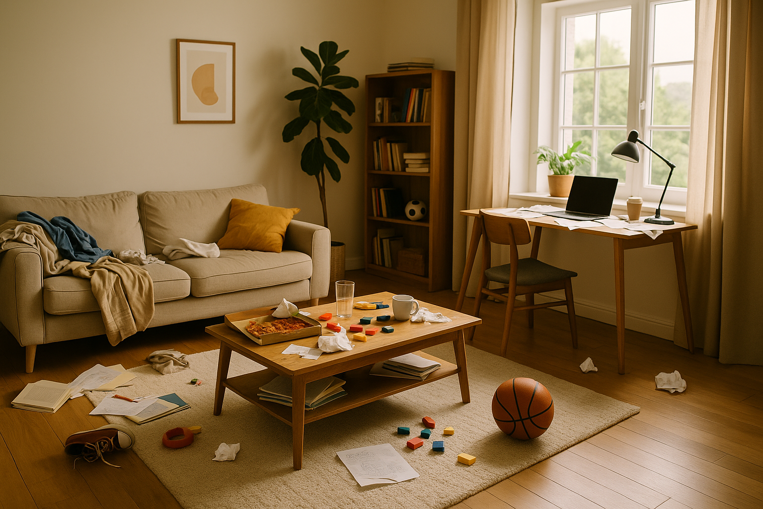 Messy living room in a Wisconsin home before professional cleaning, showing clutter on the floor, sofa, and coffee table with natural light through the window.