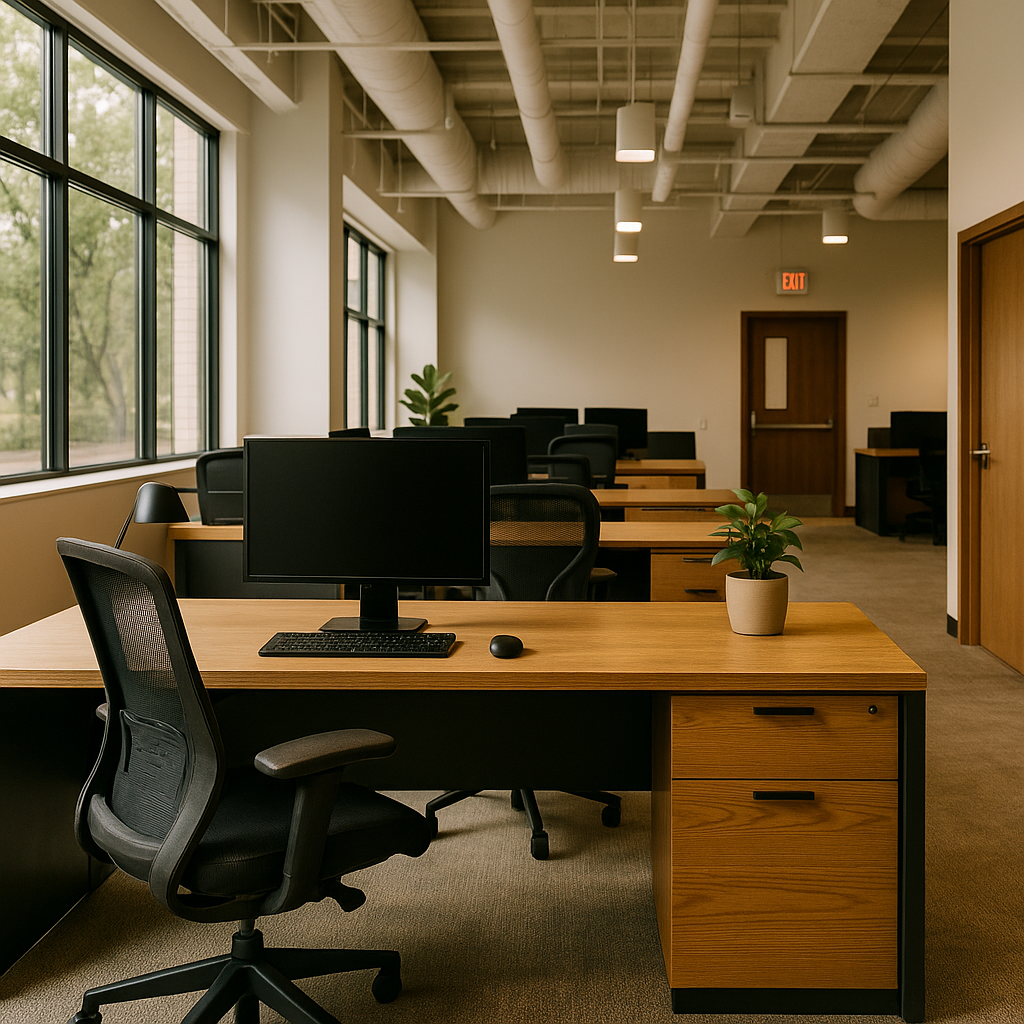 A modern, sunlit office with polished desks, computer monitors, and plants, freshly cleaned by Sparkly Housekeepers LLC in Rock County, Wisconsin — representing professional office and business cleaning services for workplaces.