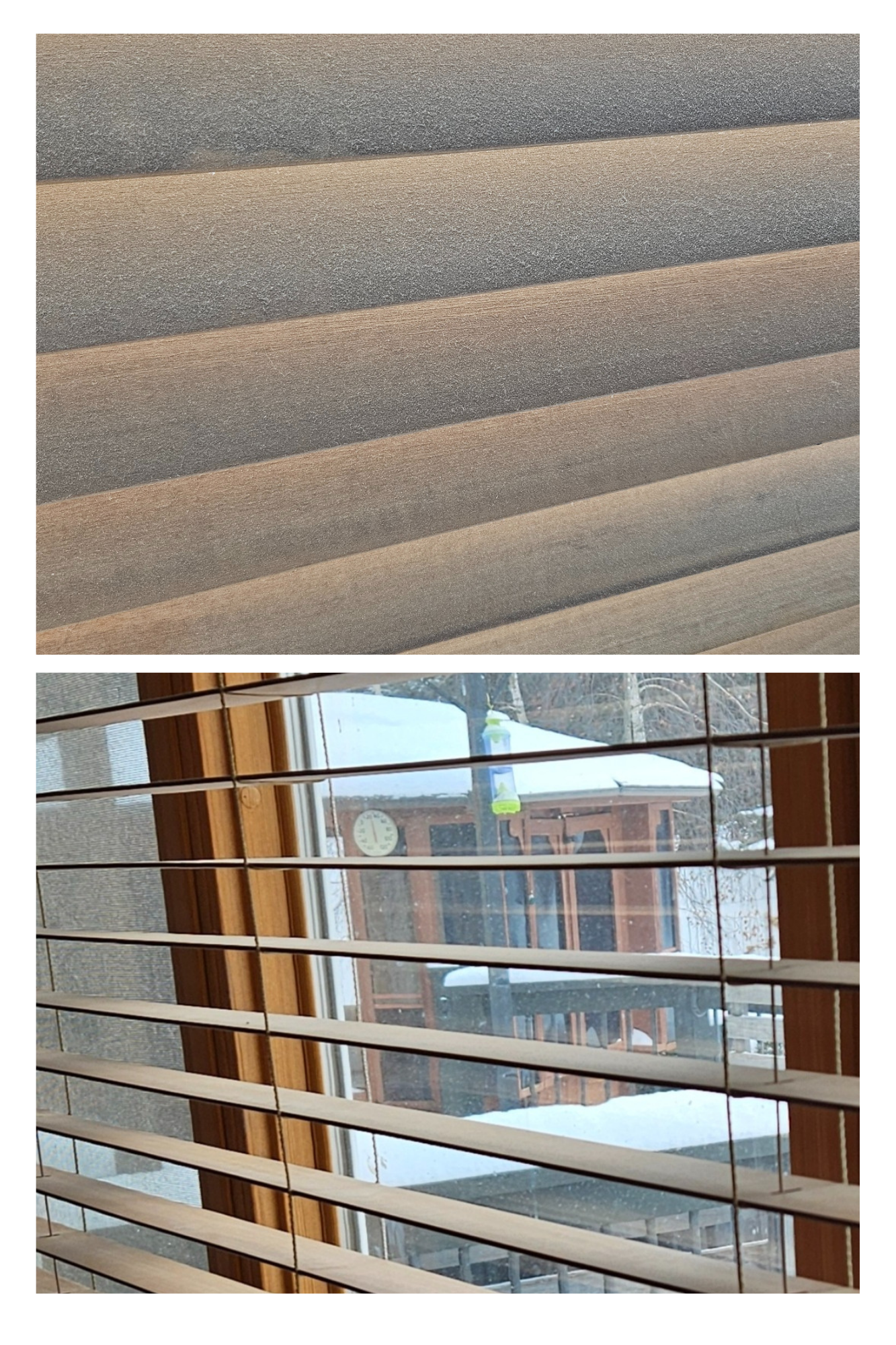 Close-up of wooden window blinds with snow outside, a jar, and a building visible through the glass.