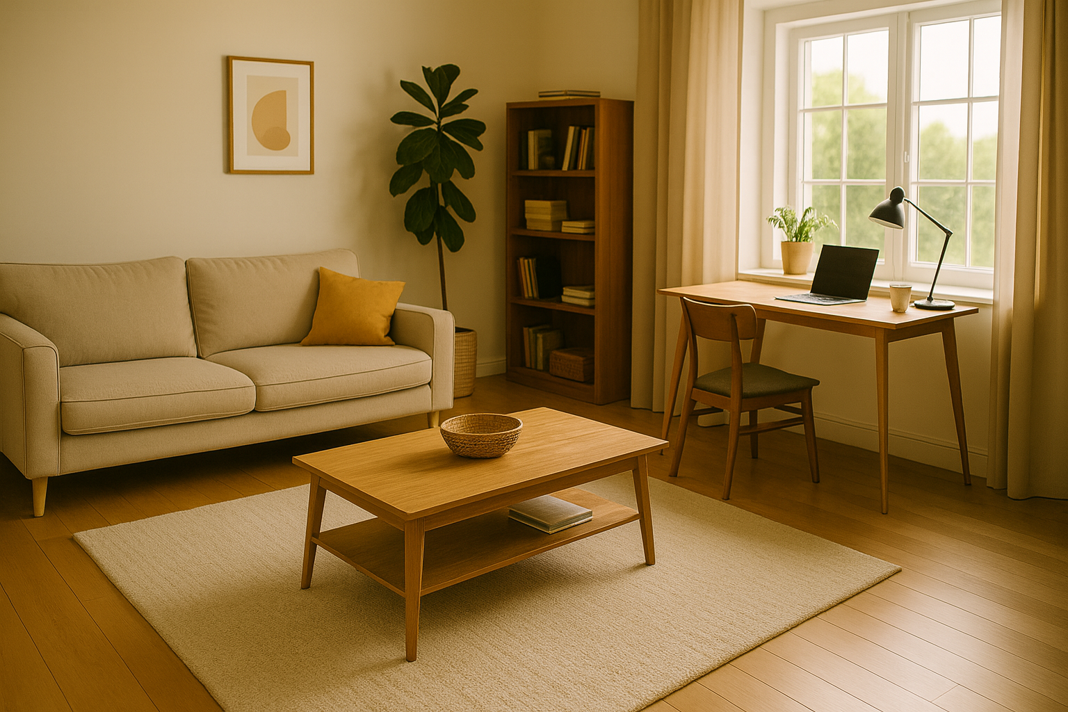 Clean and organized living room in a Wisconsin home after professional cleaning, with a tidy coffee table, beige sofa, and sunlight streaming through the window.