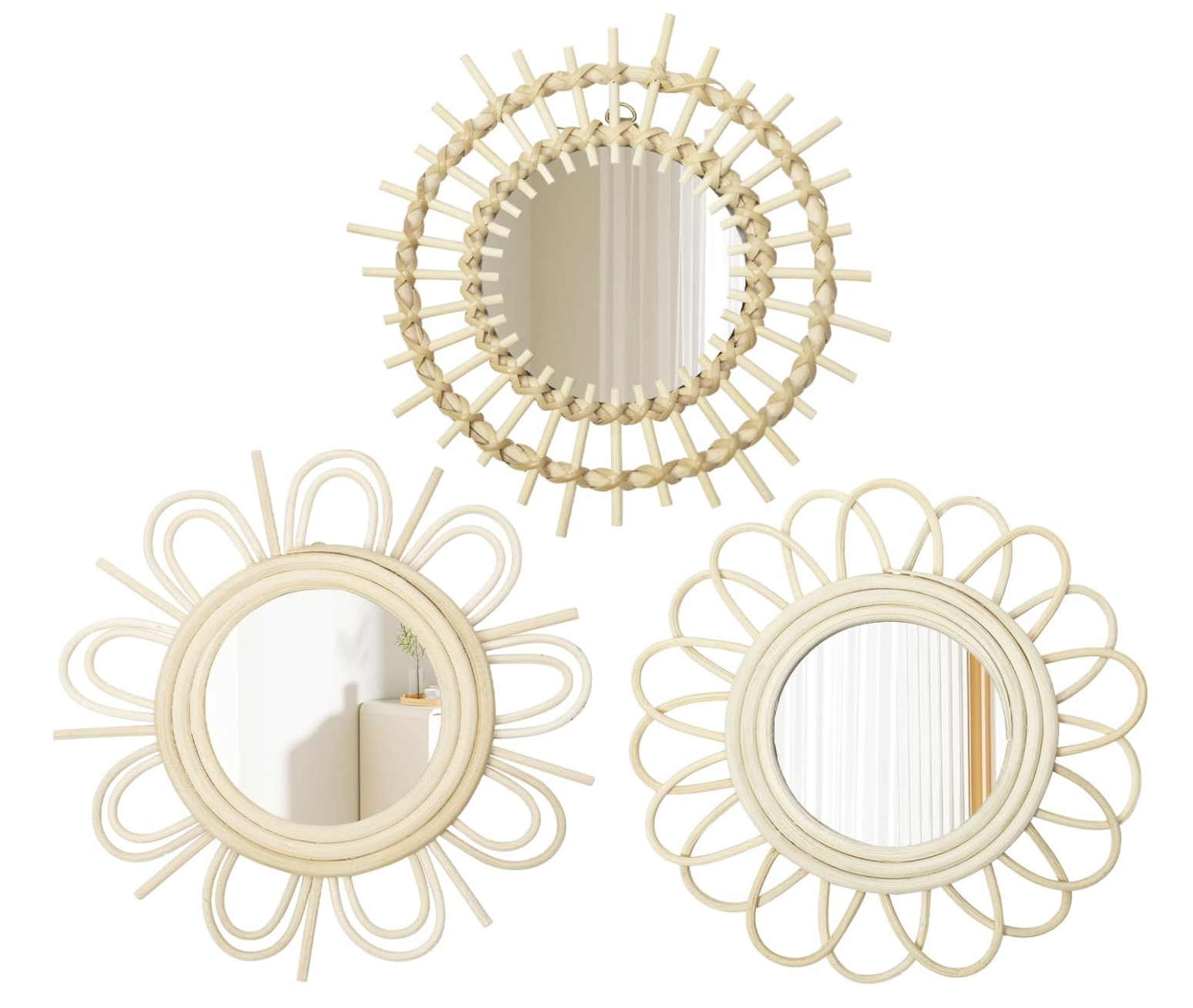 Beige Wall Mirrors Decor Set of 3 Wooden Round Wall Mirrors Wall-Mounted Sunburst Mirrors Hanging Wall Art for Living Room Home Indoor Bedroom Decor