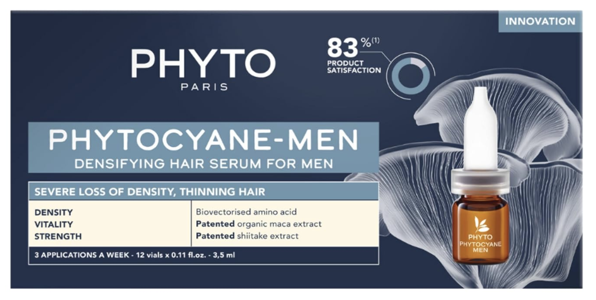 PHYTO Phytocyane Densifying Hair Serum For Men, 12 x 3.5 ml Fuller Stronger Hair, Men's Hair Serum, No-Rinse Non-Oily Texture, Maca Shiitake, 3x Weekly Routine, 95% Natural-Origin