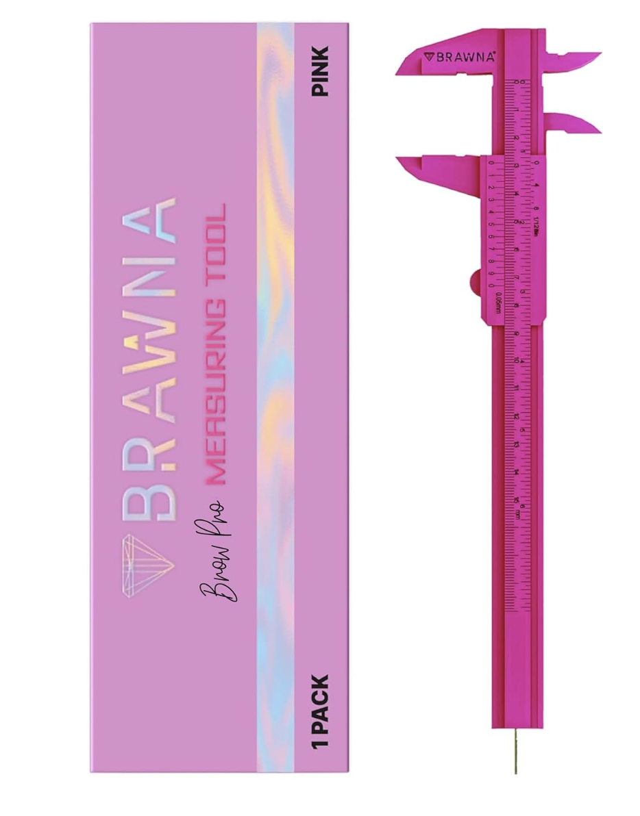 BRAWNA 1 Pc Brow Pro Measuring Tool - Double Scale Eyebrow Ruler for Microblading - Eyebrow Mapping - Caliper Vernier - PMU Supplies - Eyebrow Calipers Ruler Plastic- Pink