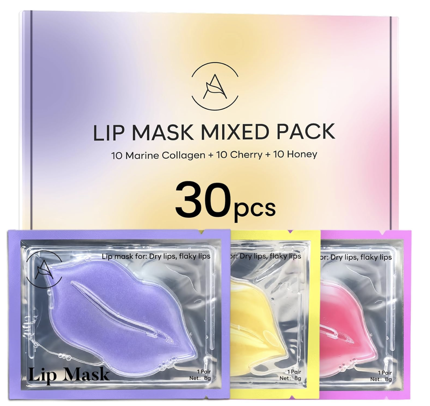 Lip Mask, Marine Collagen, Cherry and Honey, Hydrating Patches, 30 Pcs Ten of Each Flavor Target Plumping, Wrinkle Reduction, Soothing for Day or Night Use, Individually Sealed
