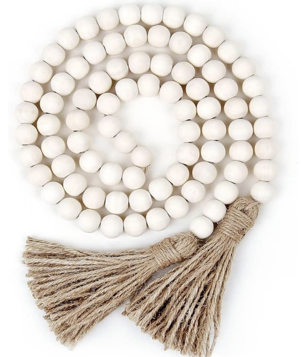 58” Wood Bead Garland Coffee Table Decor Farmhouse Beads Home Decor for Living Room, Shelf, Tiered Tray, Rustic Boho Decor Wall Hanging Accent (White)