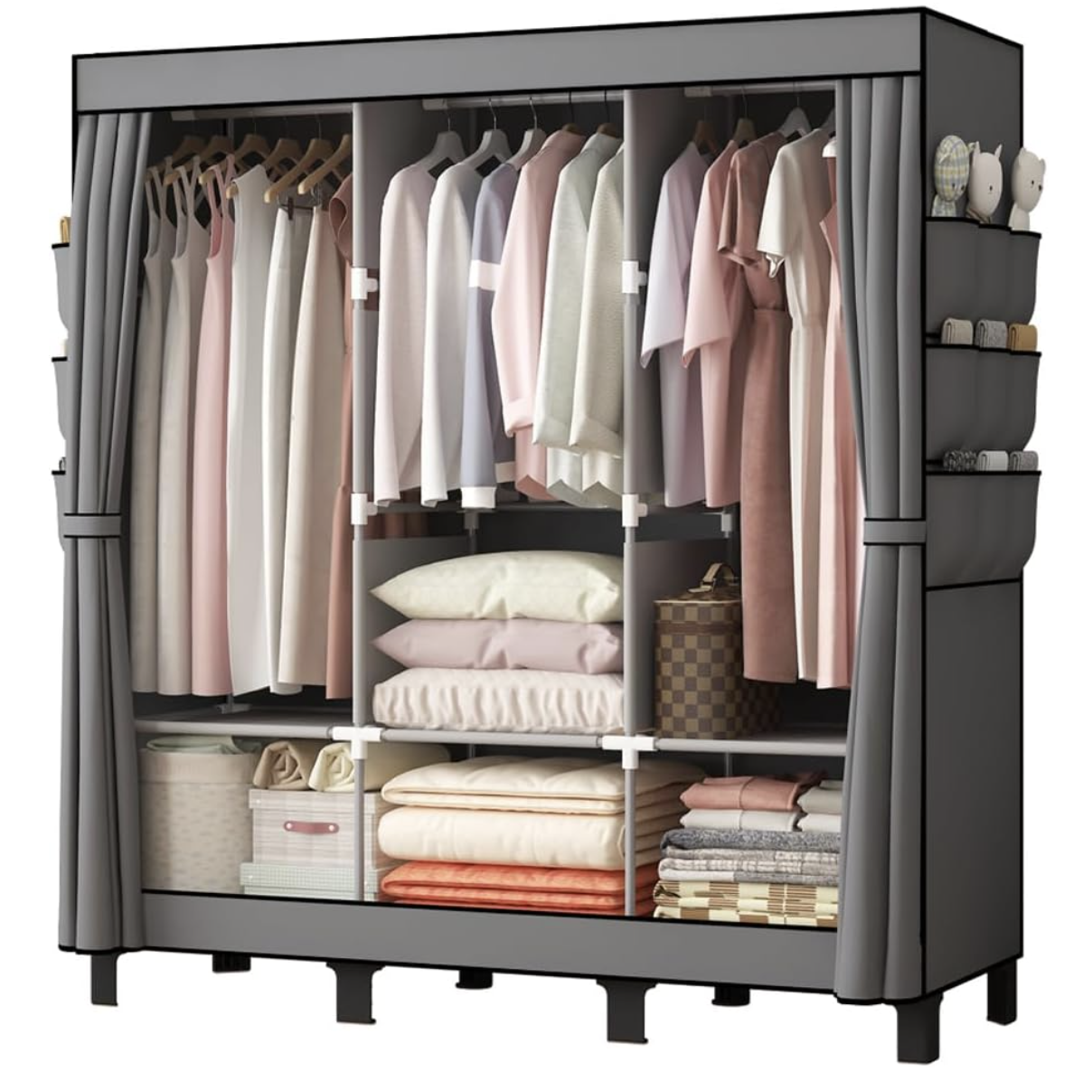Closet Wardrobe, Portable Closet for Bedroom, Strong and Sturdy Black Portable Closets for Hanging,Clothes Storage Organizer,3 Hanging Areas + Side Pockets.51 W (Grey)