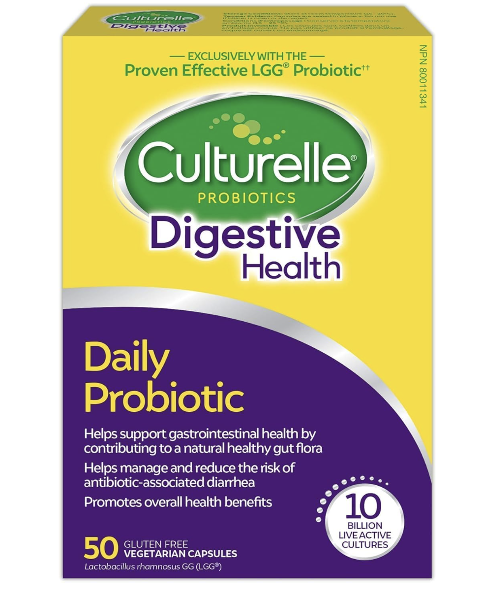 Culturelle Daily Digestive Health Probiotic for Men and Women, with 100% Naturally Sourced Lactobacillus GG Strain, Pharmacist Recommended Gluten Free and Vegan, 50 Count Capsules (Pack of 1)