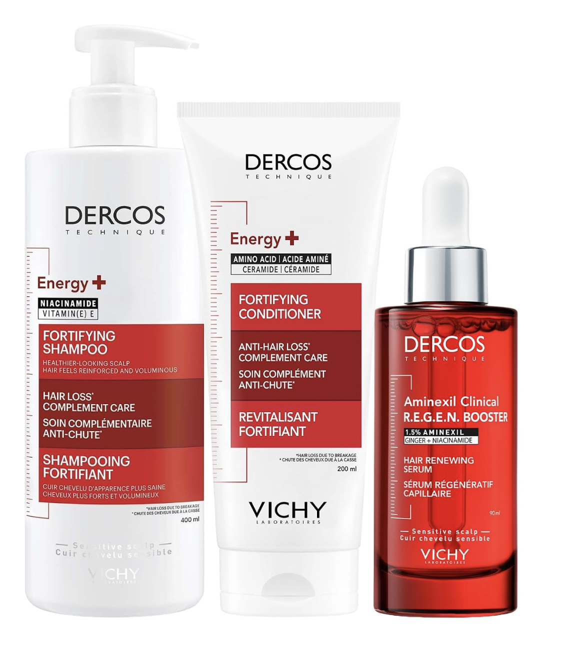 Vichy Shampoo, Conditioner & Hair Serum Value Set, Dercos Energy+ Shampoo & Conditioner & Regen Serum, with Niacinamide & Vitamin E for Visibly Stronger, Fortified, Healthier Hair & Scalp, Pack of 3
