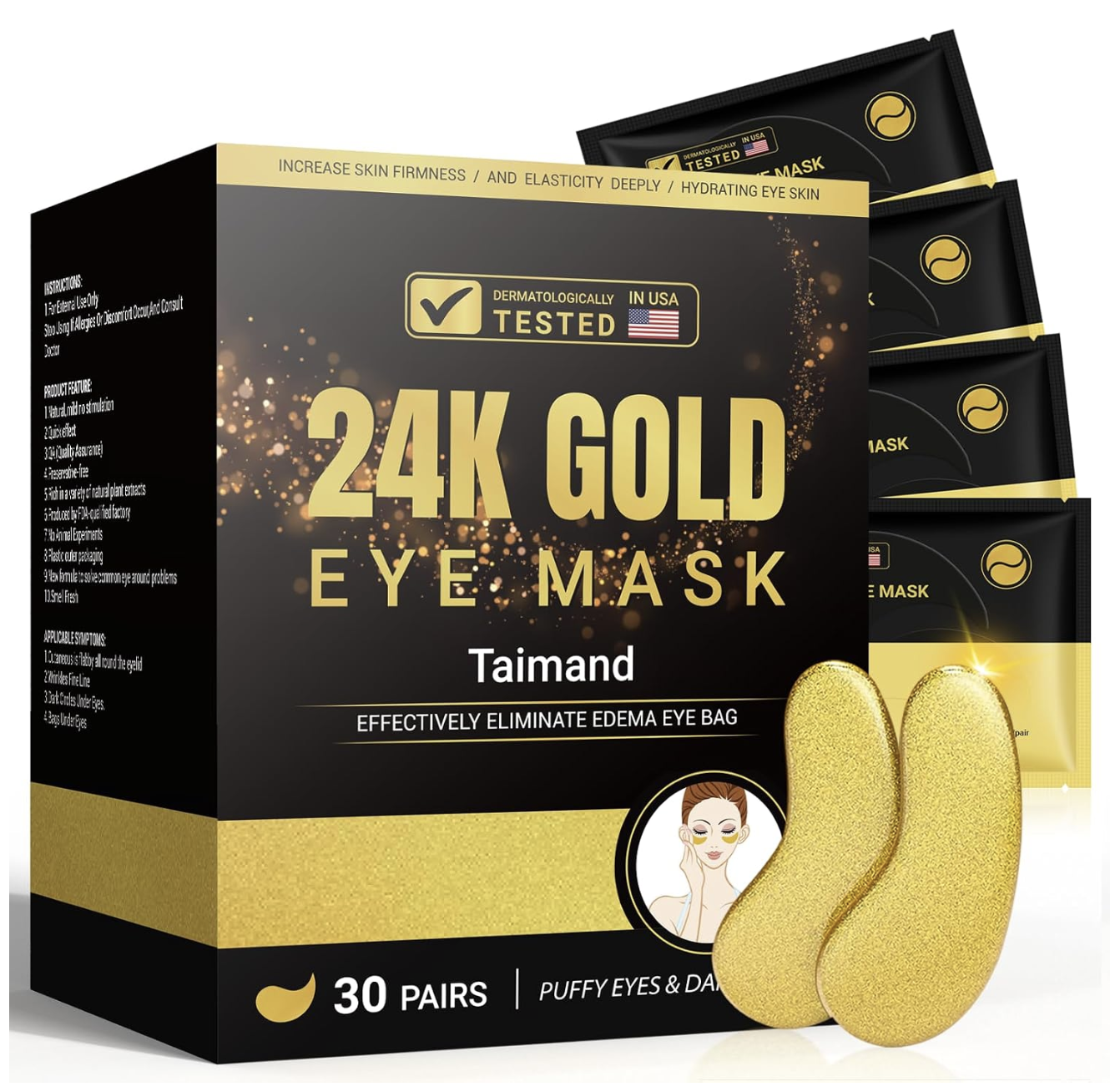 Taimand Under Eye Patches (30 Pairs), 24K Gold Eye Mask for Dark Circles for Puffy Eyes, Bags and Wrinkles, with Collagen, Hyaluronic Acid, Relieves Pressure, Revitalises Skin for Women and Men
