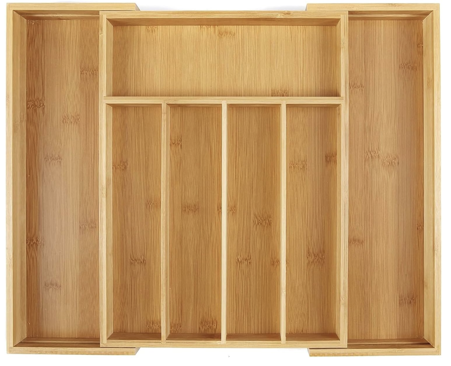 SafeHouseware Bamboo Expandable Cutlery Organizer Tray: Holds Silverware, Flatware, Utensils, Cutlery, Accessories or Gadgets Size:11.5" - 18" W X 15"d X 2" H