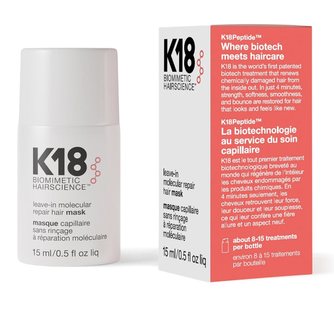 K18 Leave-In Molecular Repair Hair Mask, Patented, Lasting Repair For Dry, Frizzy, Damaged Hair, Reverse Damage In 4 Minutes From Bleach, Color, Chemical Services + Heat