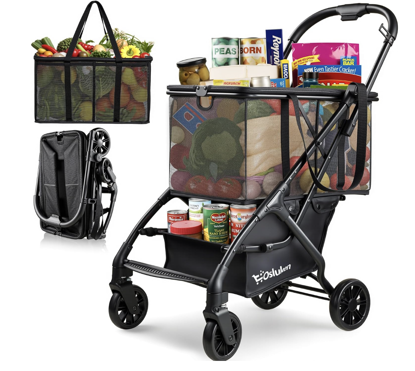 𝐔𝐩𝐠𝐫𝐚𝐝𝐞𝐝 𝐕𝐞𝐫𝐬𝐢𝐨𝐧 Folding Shopping Cart with Wheels, 75lbs Multi Use Grocery Carts with 360° Wheels & Removable Tote Bag, Multifunctional Portable Personal Shopping Carts for Groceries