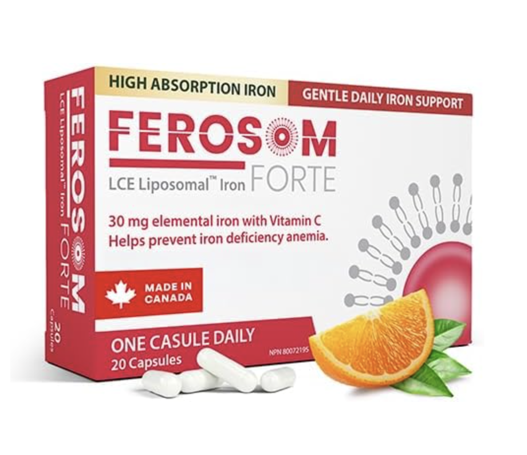Ferosom Forte LCE Liposomal Gentle Iron Supplement 30 mg, 20 Capsules With vitamin C, high absorption support, well tolerated daily formula for low iron and red blood cell formation