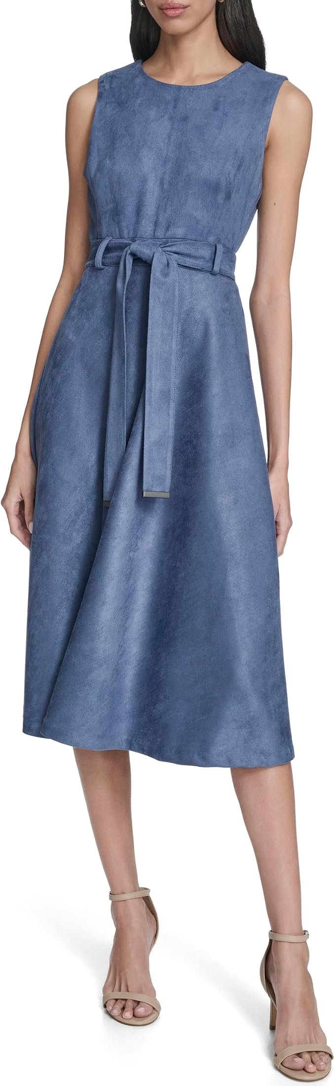 Calvin Klein Women's Sleeveless Round Neck Belted A-line Midi Dress