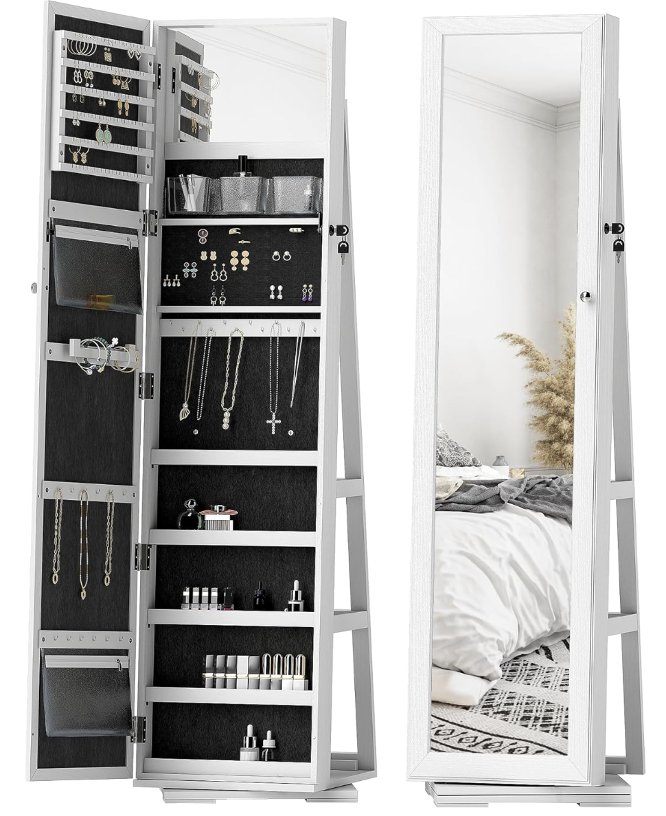 HOMCOM Mirror Jewelry Cabinet Armoire 360° Swivel Standing White Back Storage Shelves, Freestanding Full Length Mirror with Lockable Storage, Room Decor