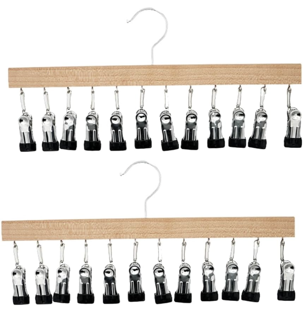 Wood Hanger for Pants, Wooden Pants Hangers Hangers Hold with 12 Nonslip Clips, Set of 2 Legging Organizer for Closet