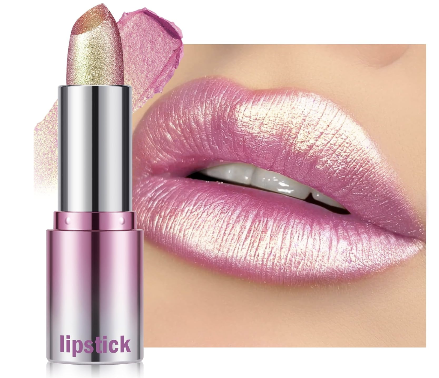 Metallic Shimmer Lipstick, Glitter Lip Gloss, Waterproof Lipgloss for Women Pink Golden Lipstick, Long Lasting Frosted Lipstick, Non-sticky Lip Tint Stain, Halloween Christmas Lip Makeup for Women Girl