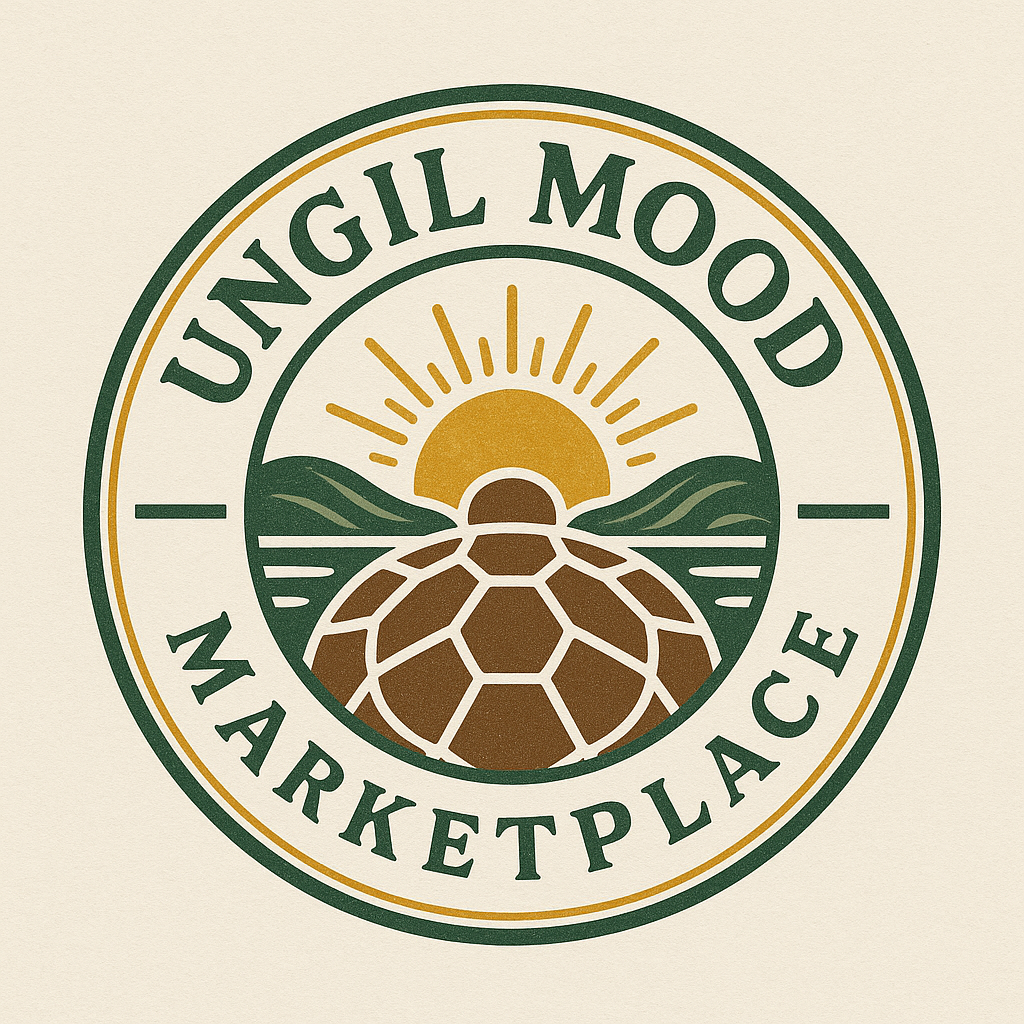 A circular logo with a stylized sunrise over green hills, a brown turtle shell in the foreground, and the text "Ungil Mood Marketplace."