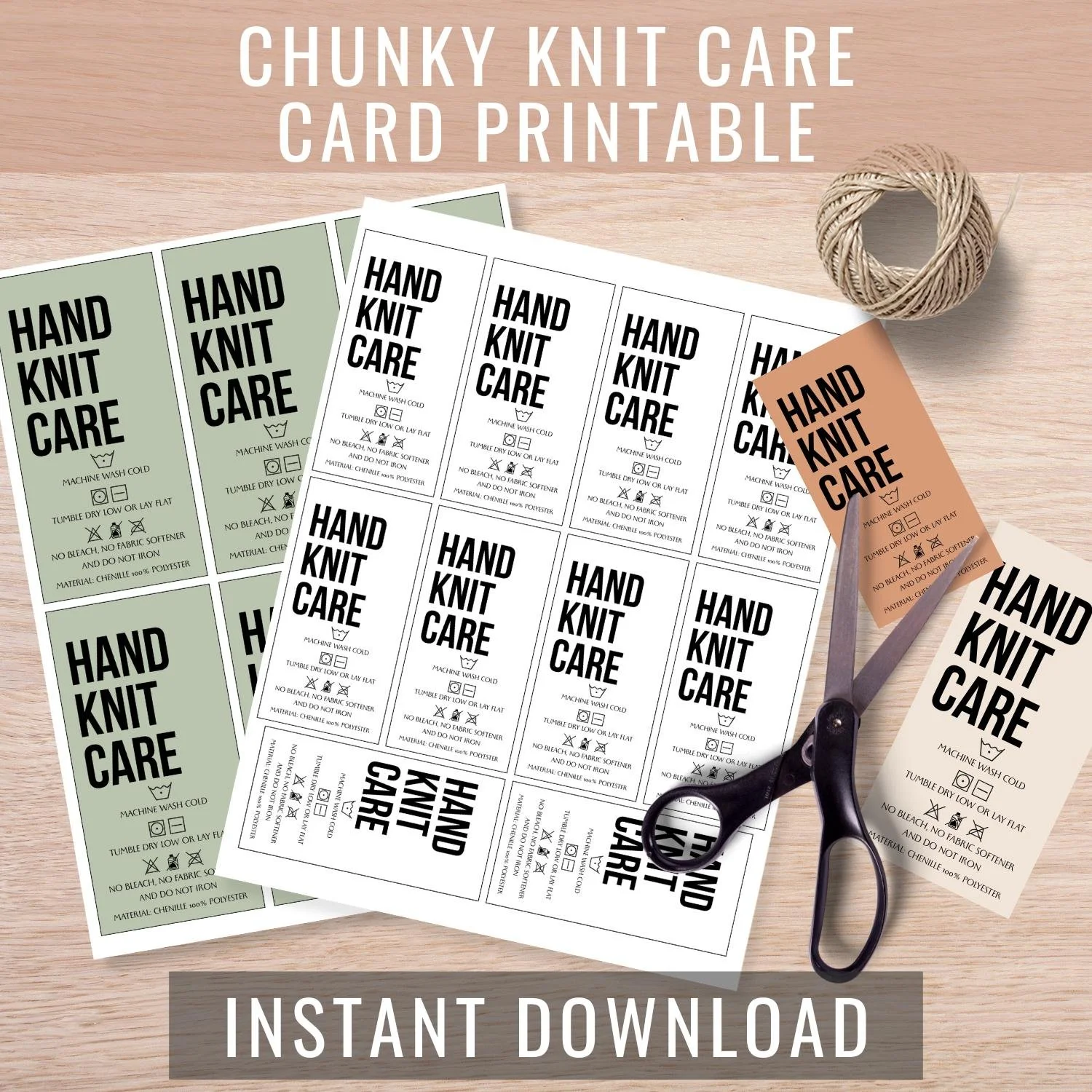 Chunky Knit Blanket Care Card Printable, Hand Knit Wash Instructions Tag Digital Download, Chenille Polyester Care Tags, PNG and PDF Files