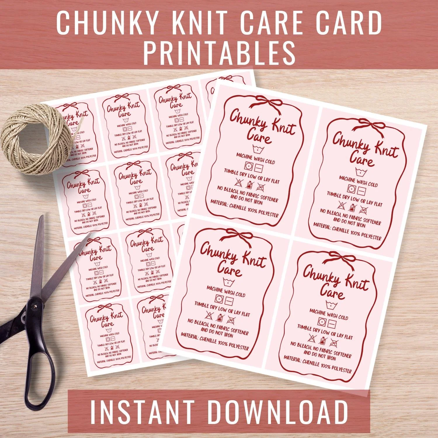 Chunky Knit Blanket Care Card Printable, Wash Instructions Tag Digital Download, Chenille Polyester Tags, PNG and PDF Files PINK