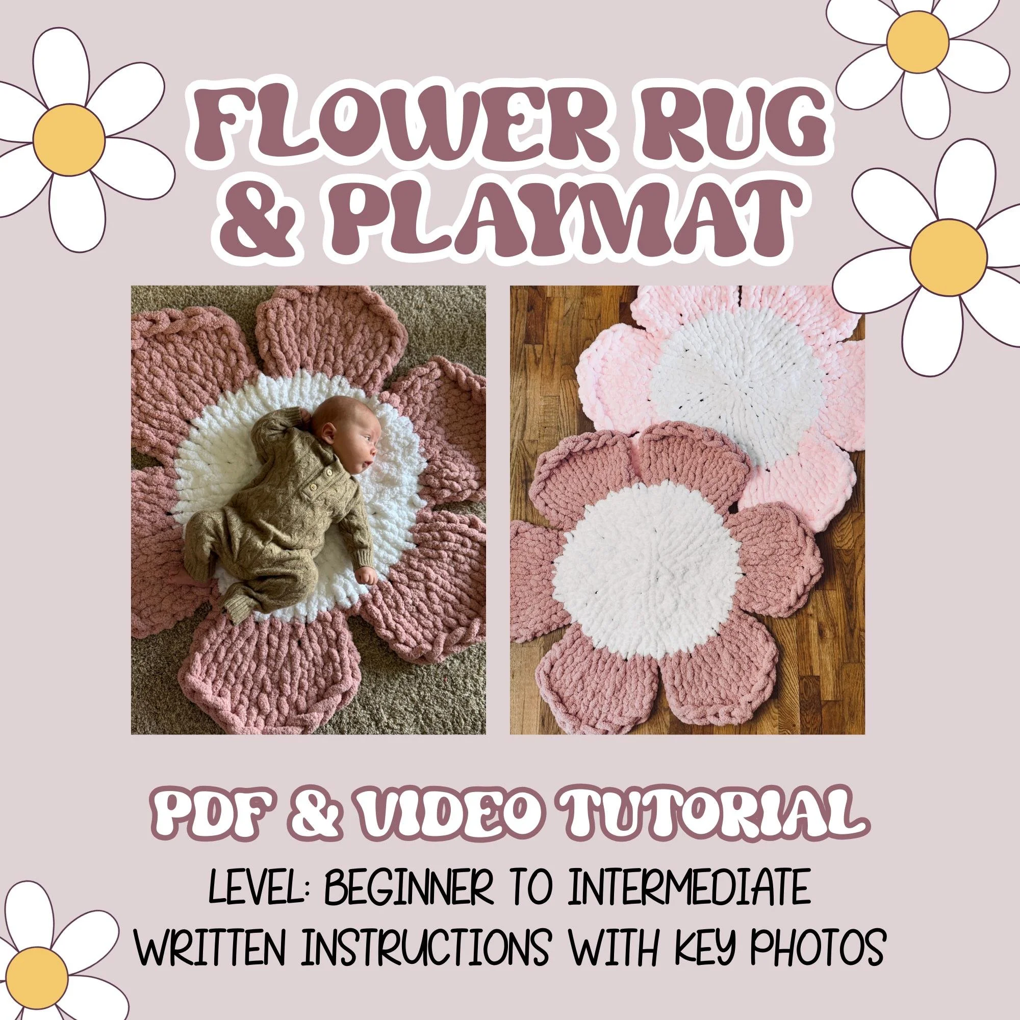 Chunky Hand Knit Flower Rug and Playmat Pattern, Tummy Time Hand Knitting Pattern PDF file, Video Tutorial, Intermediate, Chenille Yarn, DIY
