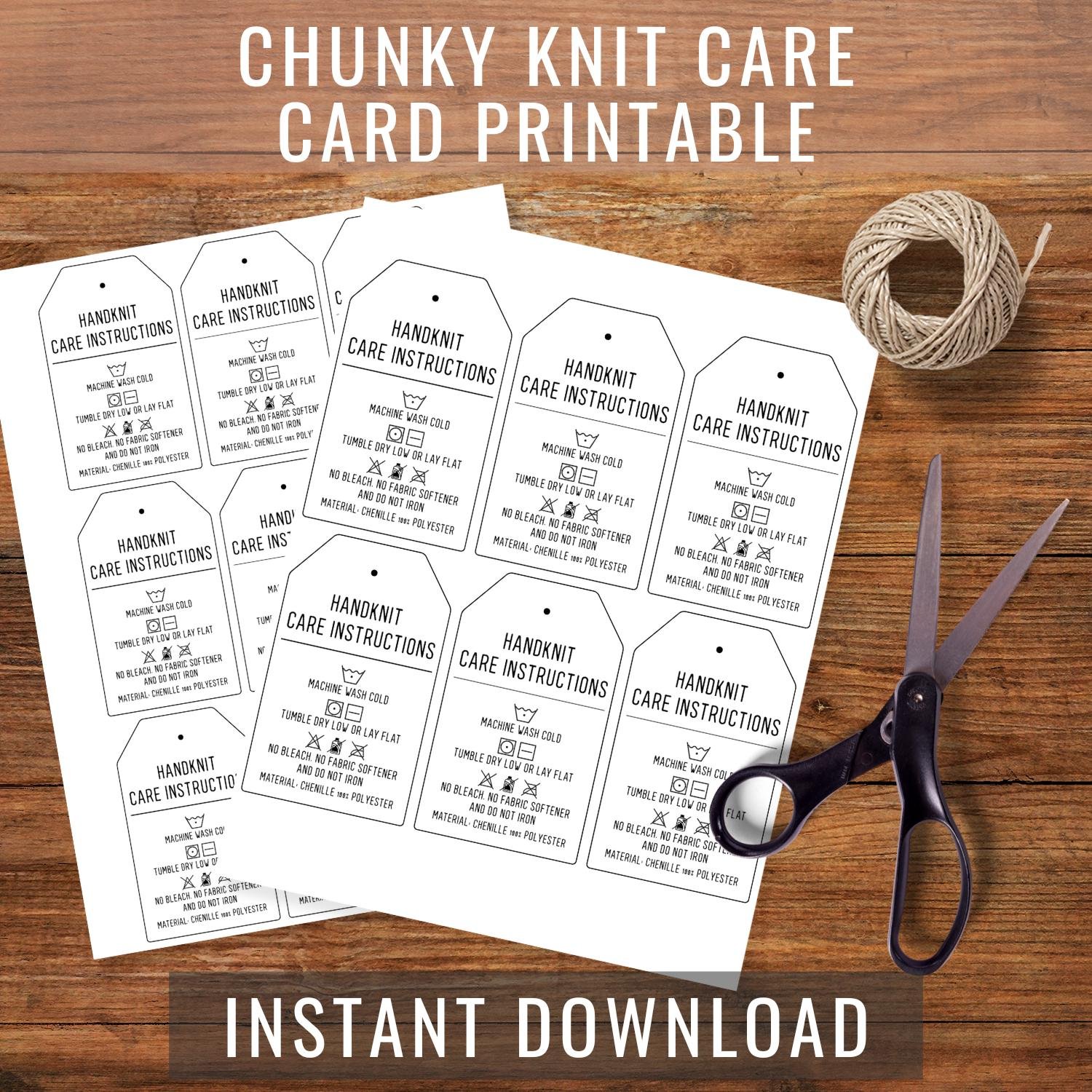 Chunky Knit Blanket Care Card Printable, Hand Knit Wash Instructions Tag Digital Download, Chenille Polyester Care Tags, PNG and PDF Files