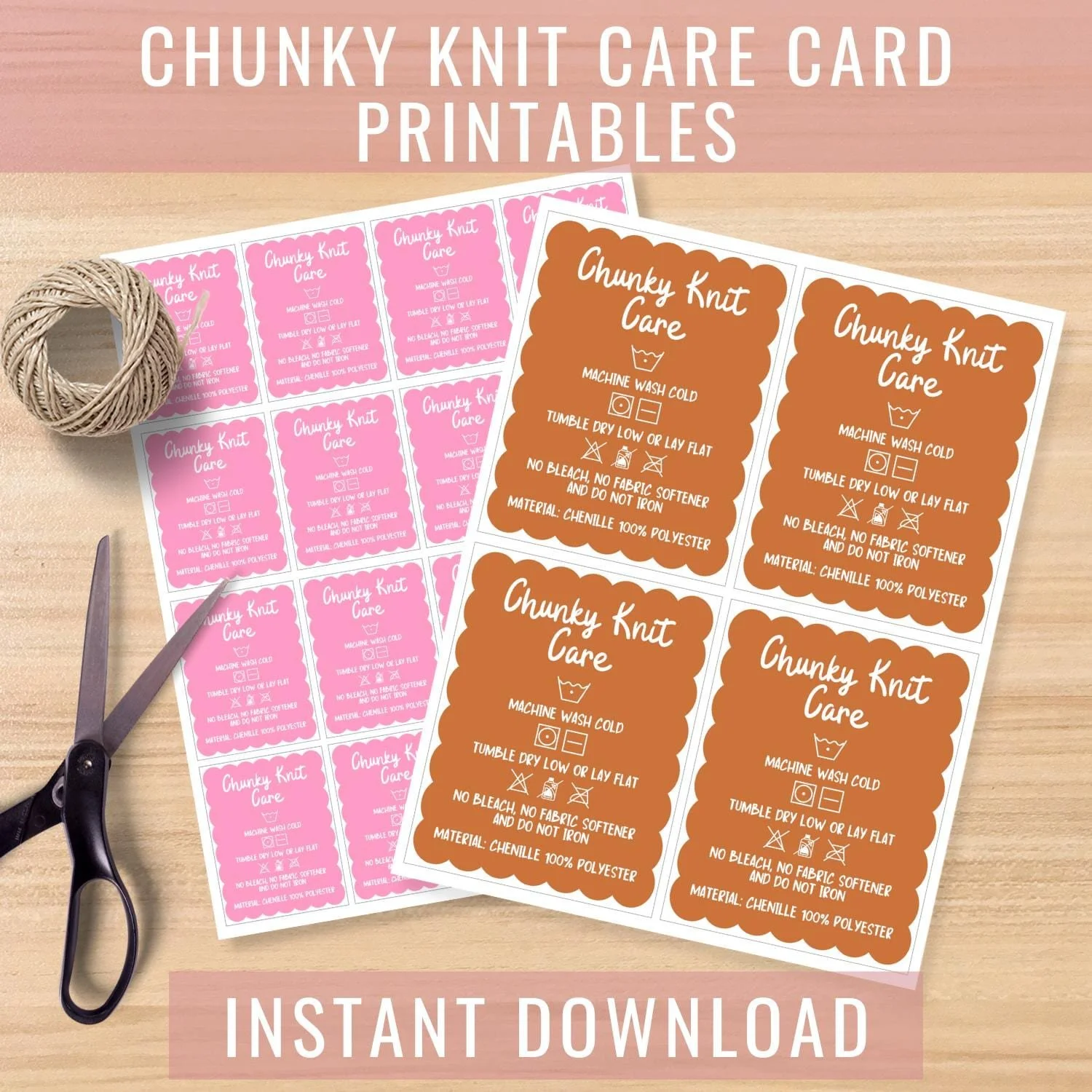 Chunky Knit Blanket Care Card Printable, Wash Instructions Tag Digital Download, Chenille Polyester Tags, PNG Files RETRO
