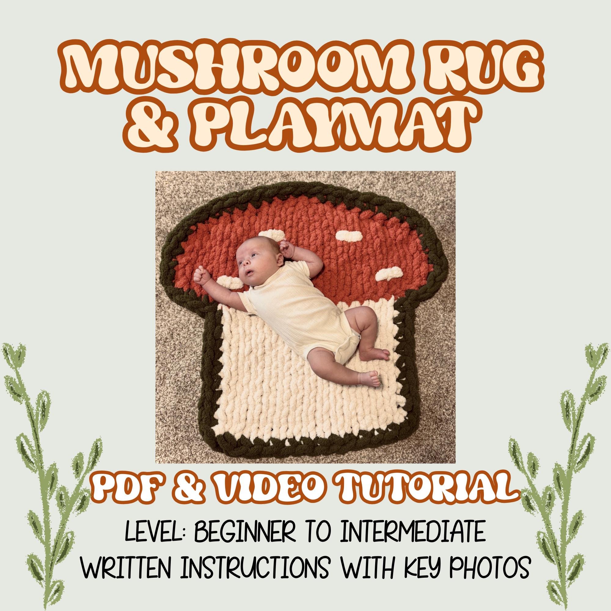 Chunky Hand Knit Mushroom Rug and Playmat Pattern, Tummy Time Hand Knitting Pattern PDF file, Video Tutorial, Intermediate, Chenille Yarn